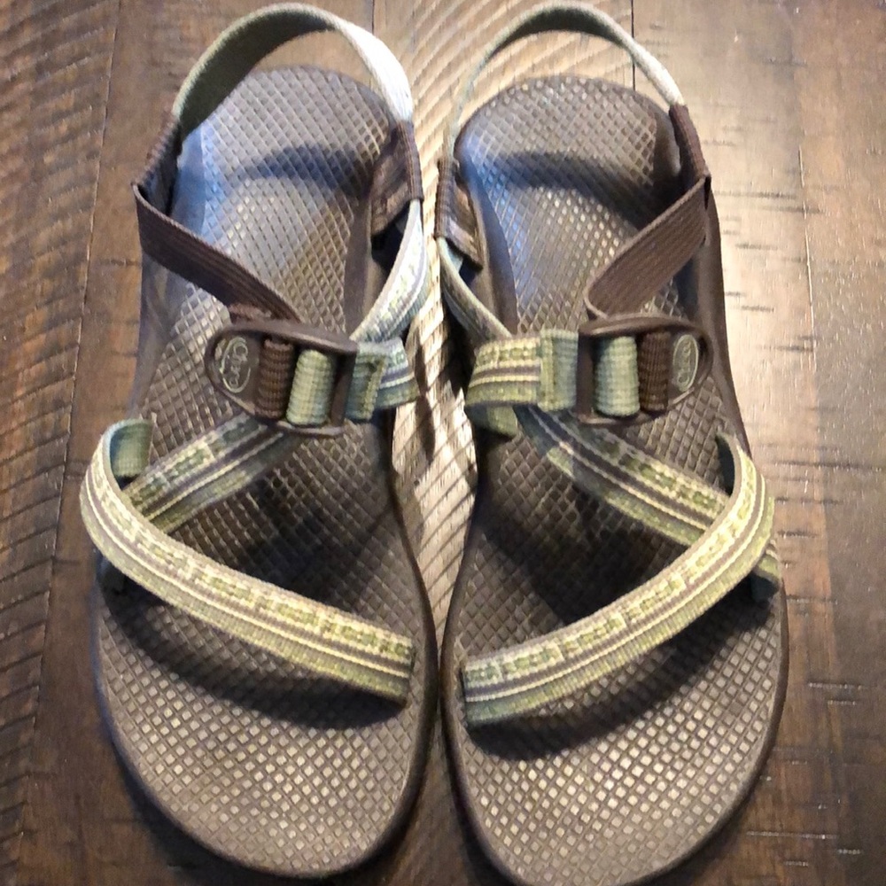 Green and brown Chacos